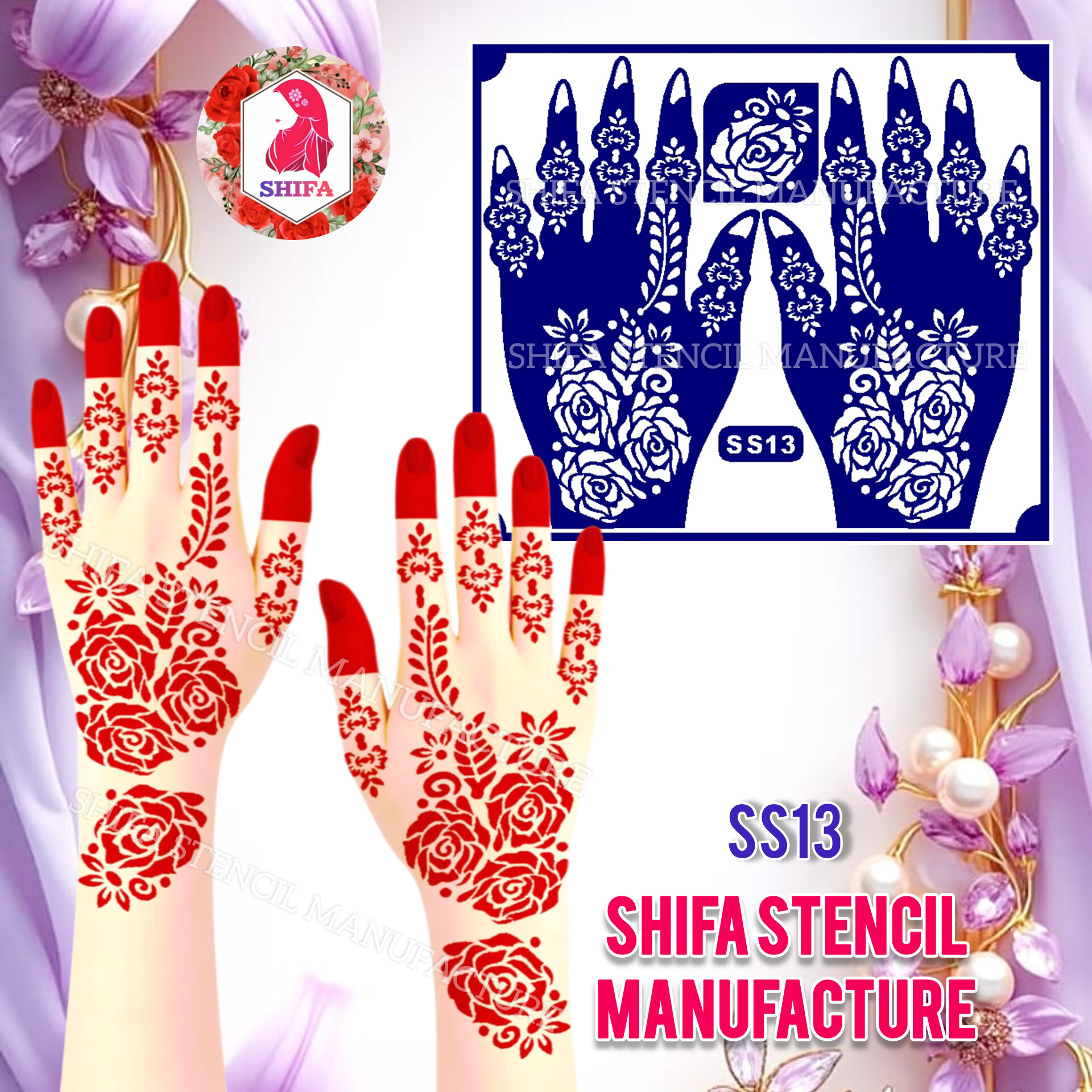 SS13 Rose Themed Arabic Design  Sticker Overview  Henna Stencil - Shifa Stencil